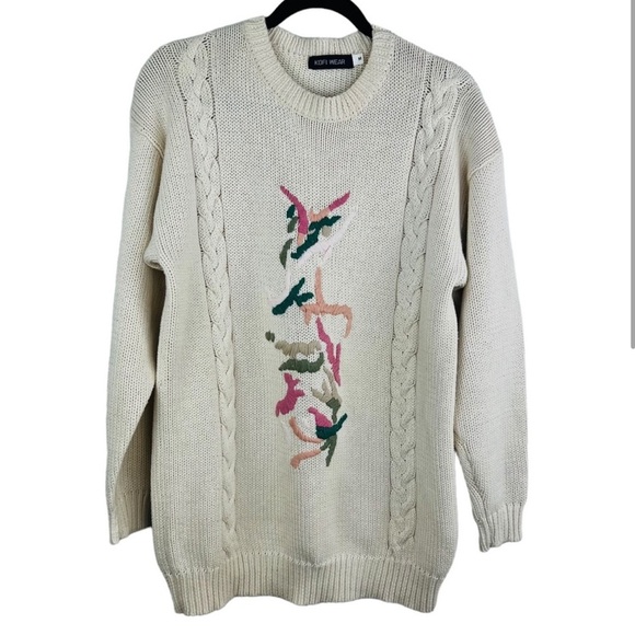 Vintage Kofi Wear Cream Knit Embroidered Floral Crew-Neck Long sweater Dress M - Picture 2 of 8